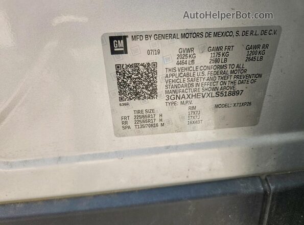 3GNAXHEVXLS518897 2020 CHEVROLET EQUINOX Silver Vista de la etiqueta del VIN