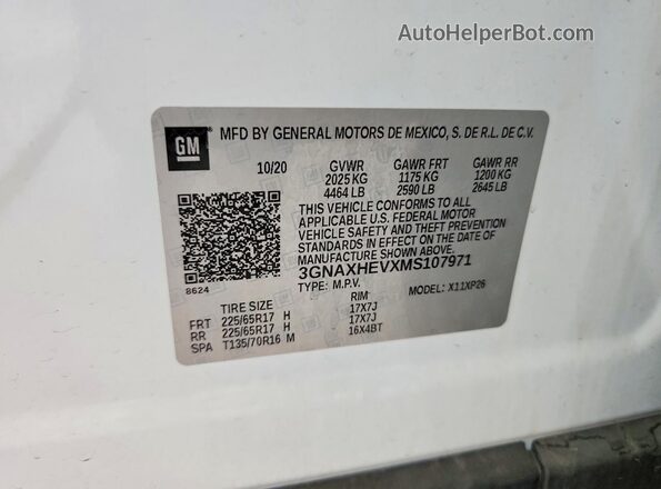 3GNAXHEVXMS107971 2021 CHEVROLET EQUINOX White Widok naklejki z numerem VIN