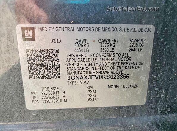 3GNAXJEV0KS623356 2019 CHEVROLET EQUINOX Gray Вид наклейки з VIN-кодом