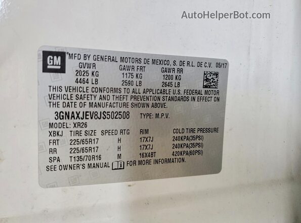 3GNAXJEV8JS502508 2018 CHEVROLET EQUINOX White Widok naklejki z numerem VIN