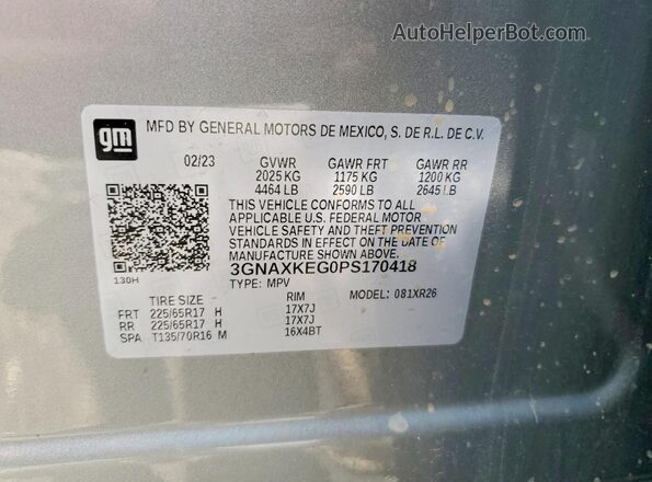 3GNAXKEG0PS170418 2023 CHEVROLET EQUINOX Gray VIN კოდის სტიკერის ხედი