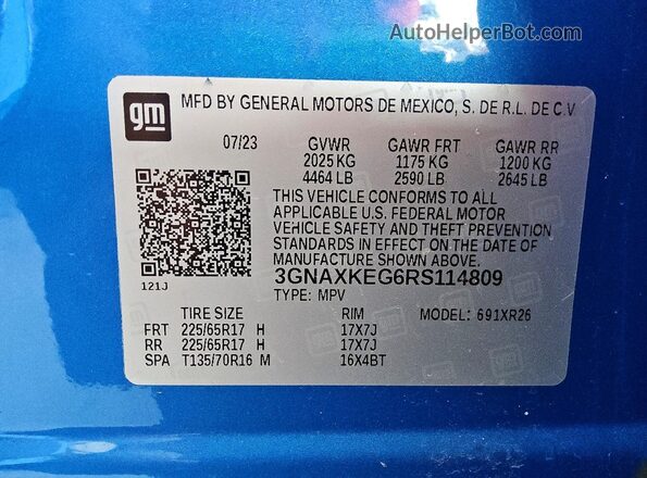 3GNAXKEG6RS114809 2024 CHEVROLET EQUINOX Синий Вид наклейки с VIN-кодом