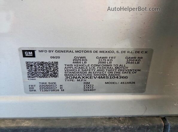 3GNAXKEV4MS104366 2021 CHEVROLET EQUINOX Silver Vista de la etiqueta del VIN