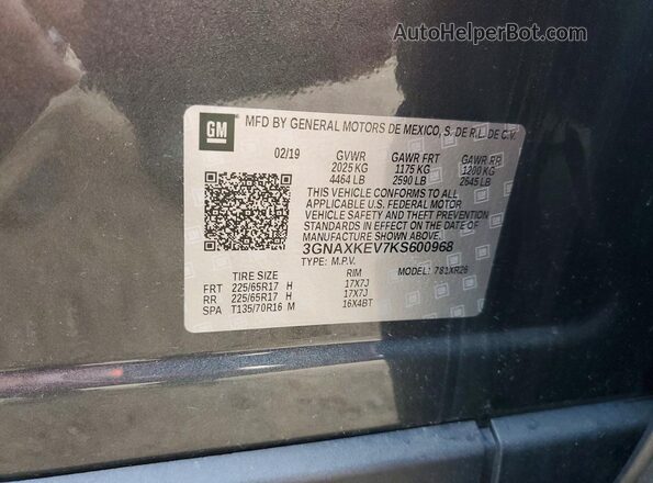 3GNAXKEV7KS600968 2019 CHEVROLET EQUINOX Gray Widok naklejki z numerem VIN