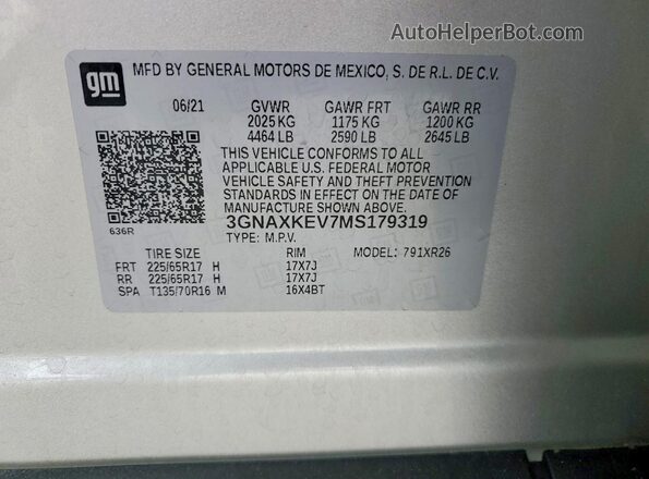 3GNAXKEV7MS179319 2021 CHEVROLET EQUINOX Серебряный Вид наклейки с VIN-кодом