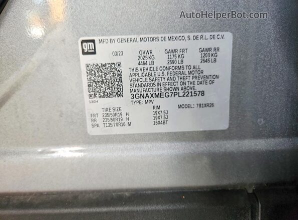 3GNAXMEG7PL221578 2023 CHEVROLET EQUINOX Silver Vista de la etiqueta del VIN