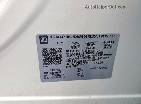 3GNAXPEG1SL277414 2025 CHEVROLET EQUINOX Белый Вид наклейки с VIN-кодом