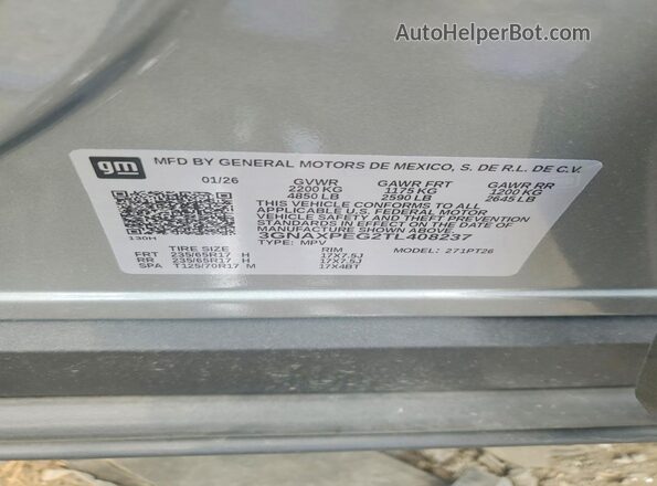 3GNAXPEG2TL408237 2026 CHEVROLET EQUINOX Silver VIN კოდის სტიკერის ხედი
