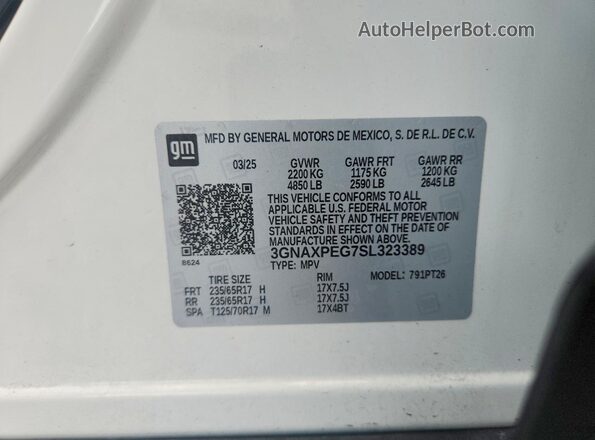 3GNAXPEG7SL323389 2025 CHEVROLET EQUINOX White VIN კოდის სტიკერის ხედი