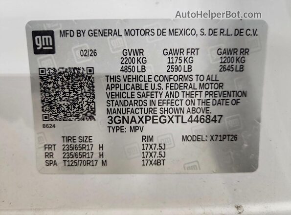 3GNAXPEGXTL446847 2026 CHEVROLET EQUINOX White Engine compartment view