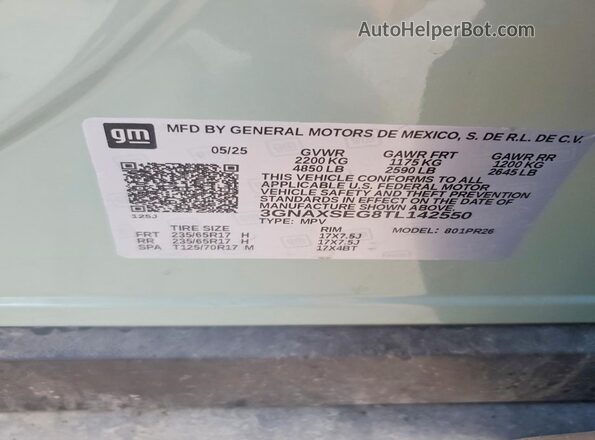 3GNAXSEG8TL142550 2026 CHEVROLET EQUINOX Green Vista interior de 360 grados