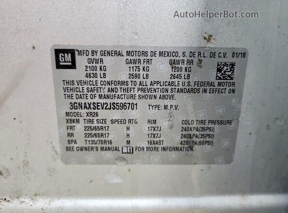 3GNAXSEV2JS596701 2018 CHEVROLET EQUINOX Silver Вид наклейки з VIN-кодом