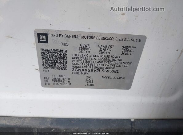 3GNAXSEV2LS685381 2020 CHEVROLET EQUINOX White Widok komory silnika