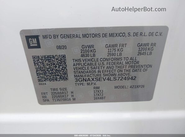 3GNAXSEV4LS724942 2020 CHEVROLET EQUINOX Белый Вид подкапотного пространства