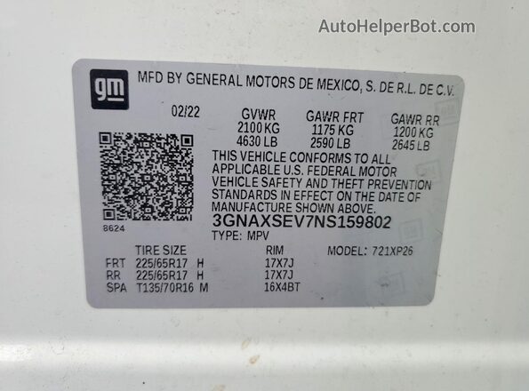 3GNAXSEV7NS159802 2022 CHEVROLET EQUINOX Белый Панорамный вид салона 360°