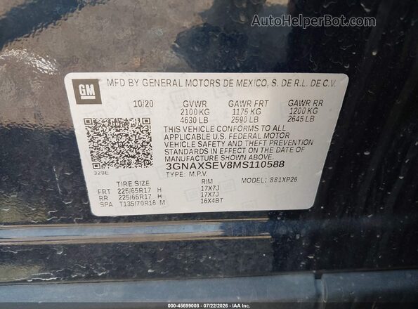 3GNAXSEV8MS110588 2021 CHEVROLET EQUINOX Black Engine compartment view