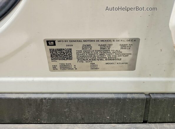 3GNAXSEVXLS568552 2020 CHEVROLET EQUINOX Белый Вид наклейки с VIN-кодом