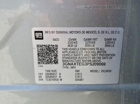 3GNAXTEG3PS209069 2023 CHEVROLET EQUINOX Gray Vista de la etiqueta del VIN