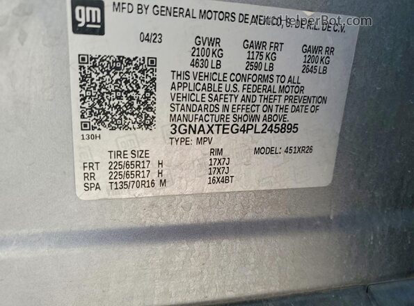 3GNAXTEG4PL245895 2023 CHEVROLET EQUINOX Gray VIN կոդի պիտակի տեսք