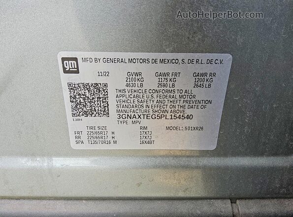 3GNAXTEG5PL154540 2023 CHEVROLET EQUINOX Gray Vista de la etiqueta del VIN