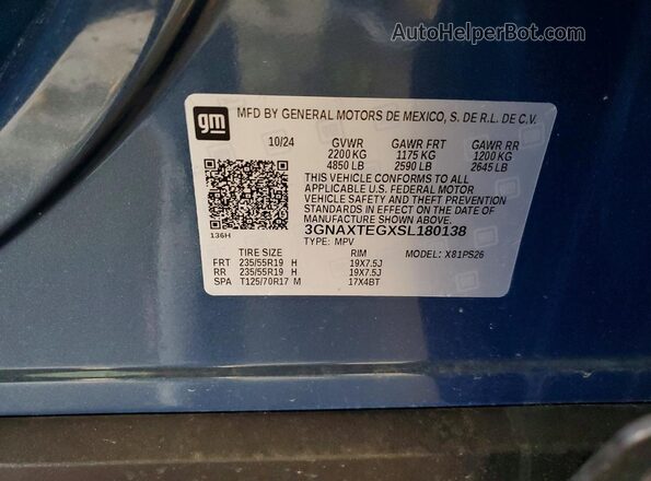 3GNAXTEGXSL180138 2025 CHEVROLET EQUINOX Blue Vista de la etiqueta del VIN
