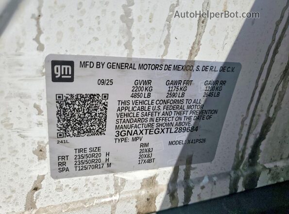 3GNAXTEGXTL289684 2026 CHEVROLET EQUINOX Белый Вид наклейки с VIN-кодом