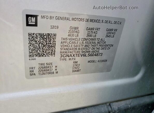3GNAXTEV6LS604873 2020 CHEVROLET EQUINOX Silver Вид наклейки з VIN-кодом