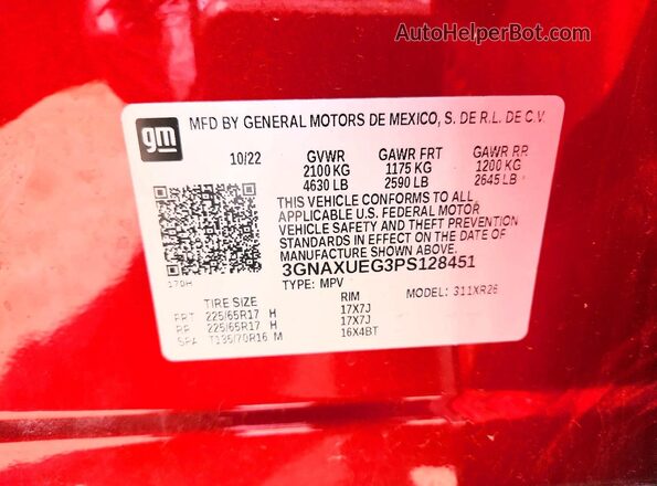 3GNAXUEG3PS128451 2023 CHEVROLET EQUINOX Темно-бордовый Вид наклейки с VIN-кодом