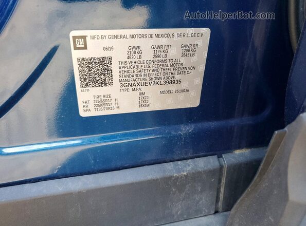 3GNAXUEV2KL398935 2019 CHEVROLET EQUINOX Синий Панорамный вид салона 360°