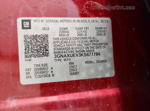 3GNAXUEV3KS677784 2019 CHEVROLET EQUINOX Красный Вид наклейки с VIN-кодом