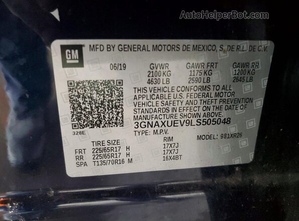 3GNAXUEV9LS505048 2020 CHEVROLET EQUINOX Blue Вид наклейки з VIN-кодом