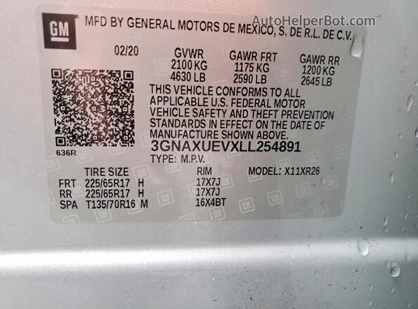3GNAXUEVXLL254891 2020 CHEVROLET EQUINOX Silver Вид наклейки з VIN-кодом