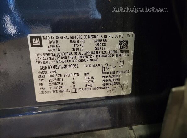 3GNAXVEV1JS536362 2018 CHEVROLET EQUINOX Blue Widok naklejki z numerem VIN