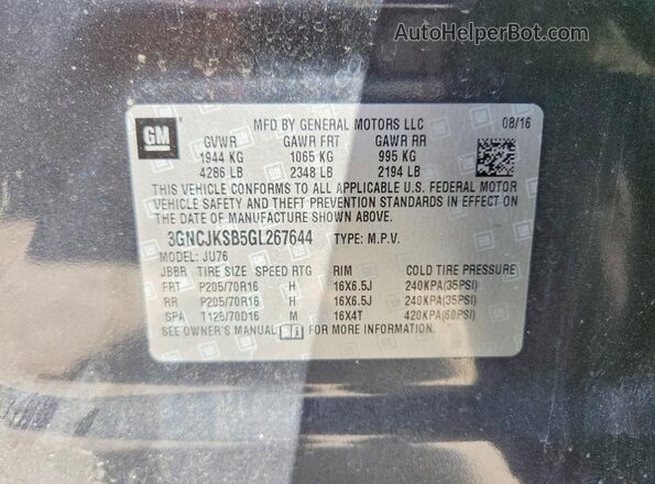 3GNCJKSB5GL267644 2016 CHEVROLET TRAX Gray Вид наклейки з VIN-кодом