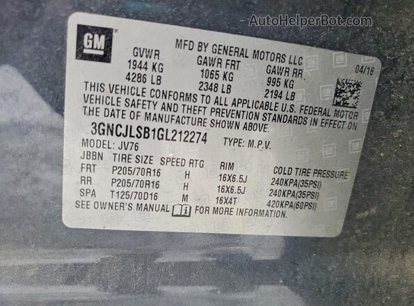 3GNCJLSB1GL212274 2016 CHEVROLET TRAX Gray ძრავის განყოფილების ხედი