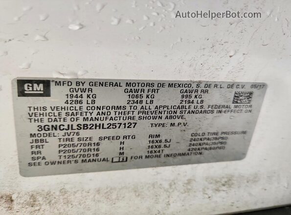 3GNCJLSB2HL257127 2017 CHEVROLET TRAX White Engine compartment view