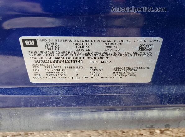 3GNCJLSB3HL215744 2017 CHEVROLET TRAX Синий Вид наклейки с VIN-кодом