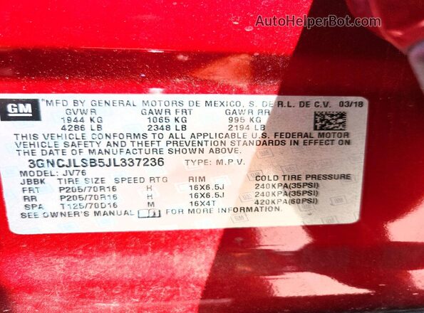 3GNCJLSB5JL337236 2018 CHEVROLET TRAX Red სალონის 360-გრადუსიანი ხედი