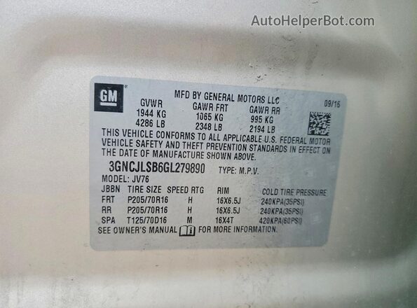 3GNCJLSB6GL279890 2016 CHEVROLET TRAX Gold VIN კოდის სტიკერის ხედი