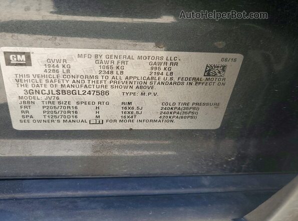 3GNCJLSB8GL247586 2016 CHEVROLET TRAX Silver Вид підкапотного простору