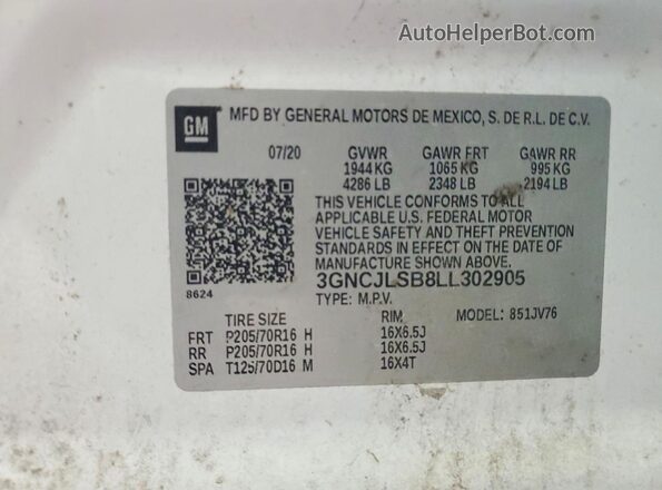 3GNCJLSB8LL302905 2020 CHEVROLET TRAX Белый Вид наклейки с VIN-кодом