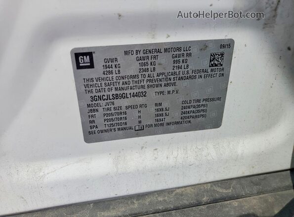 3GNCJLSB9GL144032 2016 CHEVROLET TRAX White Vista de la etiqueta del VIN