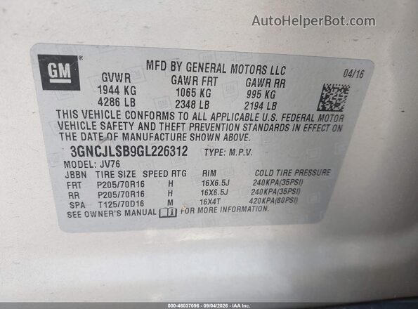 3GNCJLSB9GL226312 2016 CHEVROLET TRAX Tan Widok komory silnika