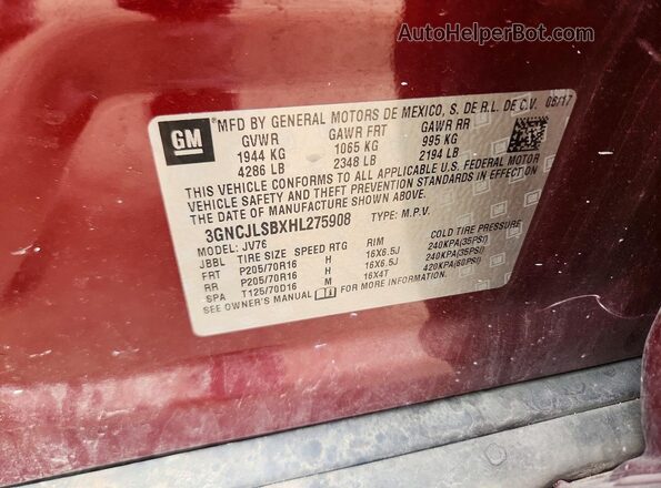 3GNCJLSBXHL275908 2017 CHEVROLET TRAX Burgundy VIN կոդի պիտակի տեսք