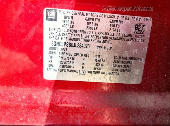 3GNCJPSB0JL234023 2018 CHEVROLET TRAX Red Вид підкапотного простору