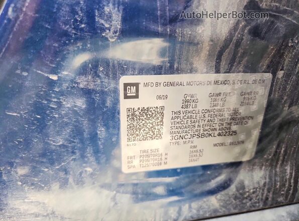 3GNCJPSB0KL402325 2019 CHEVROLET TRAX Blue Widok naklejki z numerem VIN