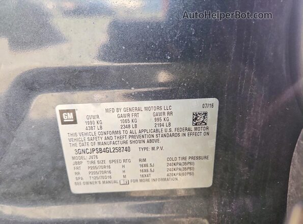 3GNCJPSB4GL258740 2016 CHEVROLET TRAX Gray Vista del compartimento del motor