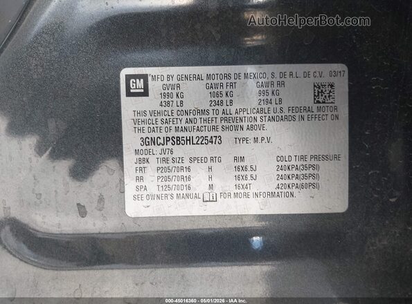 3GNCJPSB5HL225473 2017 CHEVROLET TRAX Gray Շարժիչի բաժամունքի տեսք