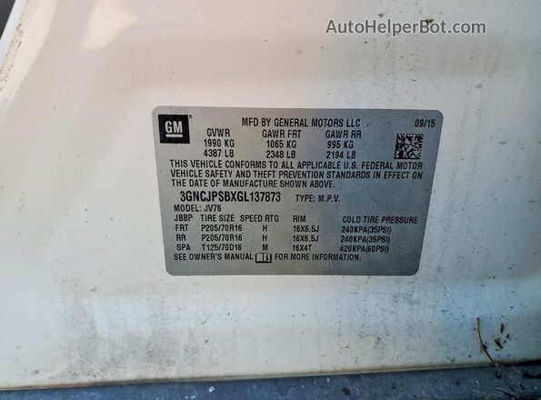 3GNCJPSBXGL137873 2016 CHEVROLET TRAX White VIN կոդի պիտակի տեսք