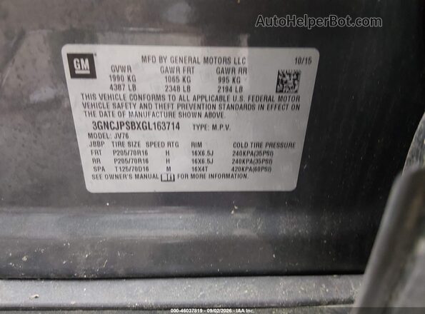 3GNCJPSBXGL163714 2016 CHEVROLET TRAX Blue Вид підкапотного простору